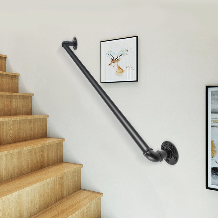 VEVOR Pipe Stair Handrail, 2FT Staircase Handrail, 440LBS Load Capacity Carbon Steel Pipe Handrail, Industrial Pipe Handrail with Wall Mount Support, Round Corner Wall Handrailings for Indoor, Outdoor