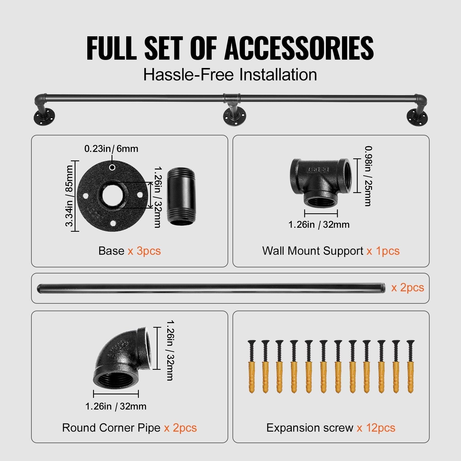 VEVOR Pipe Stair Handrail, 4FT Staircase Handrail, 440LBS Load Capacity Carbon Steel Pipe Handrail, Industrial Pipe Handrail with Wall Mount Support, Round Corner Wall Handrailings for Indoor, Outdoor