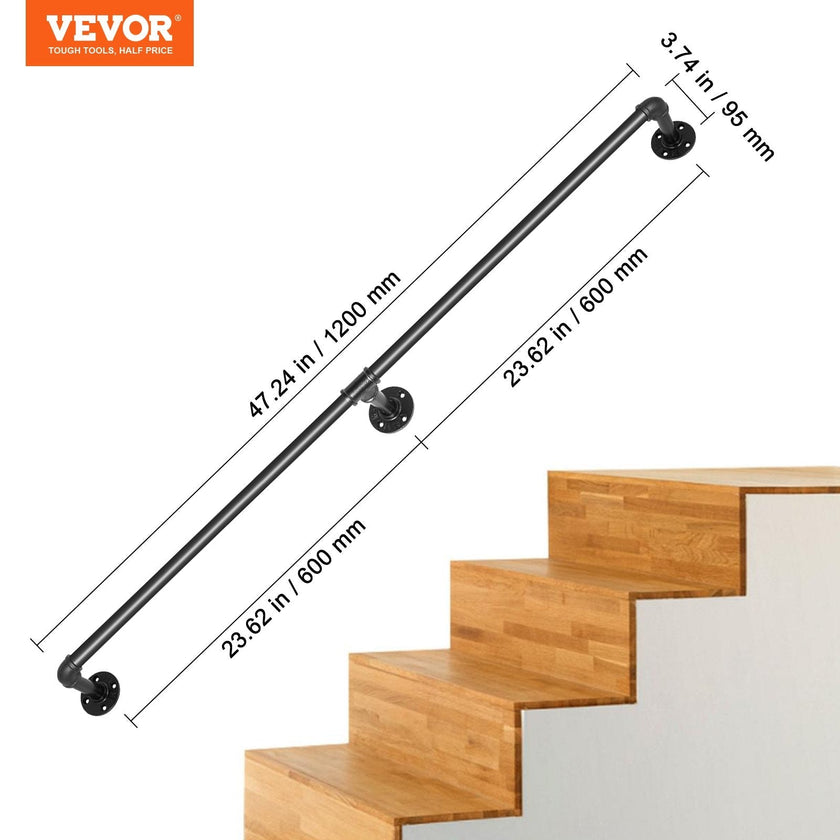 VEVOR Pipe Stair Handrail, 4FT Staircase Handrail, 440LBS Load Capacity Carbon Steel Pipe Handrail, Industrial Pipe Handrail with Wall Mount Support, Round Corner Wall Handrailings for Indoor, Outdoor