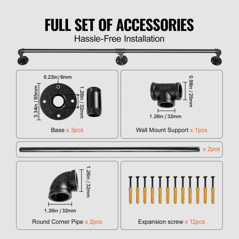 VEVOR Pipe Stair Handrail, 7FT Staircase Handrail, 440LBS Load Capacity Carbon Steel Pipe Handrail, Industrial Pipe Handrail with Wall Mount Support, Round Corner Wall Handrailings for Indoor, Outdoor