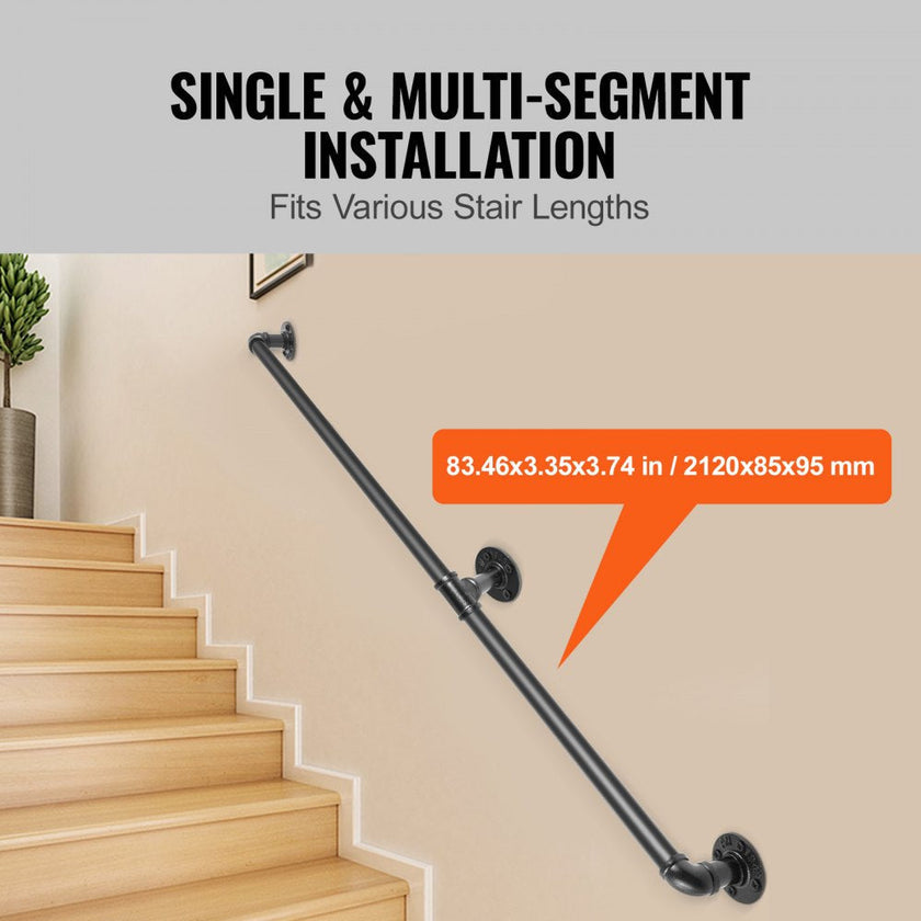 VEVOR Pipe Stair Handrail, 7FT Staircase Handrail, 440LBS Load Capacity Carbon Steel Pipe Handrail, Industrial Pipe Handrail with Wall Mount Support, Round Corner Wall Handrailings for Indoor, Outdoor