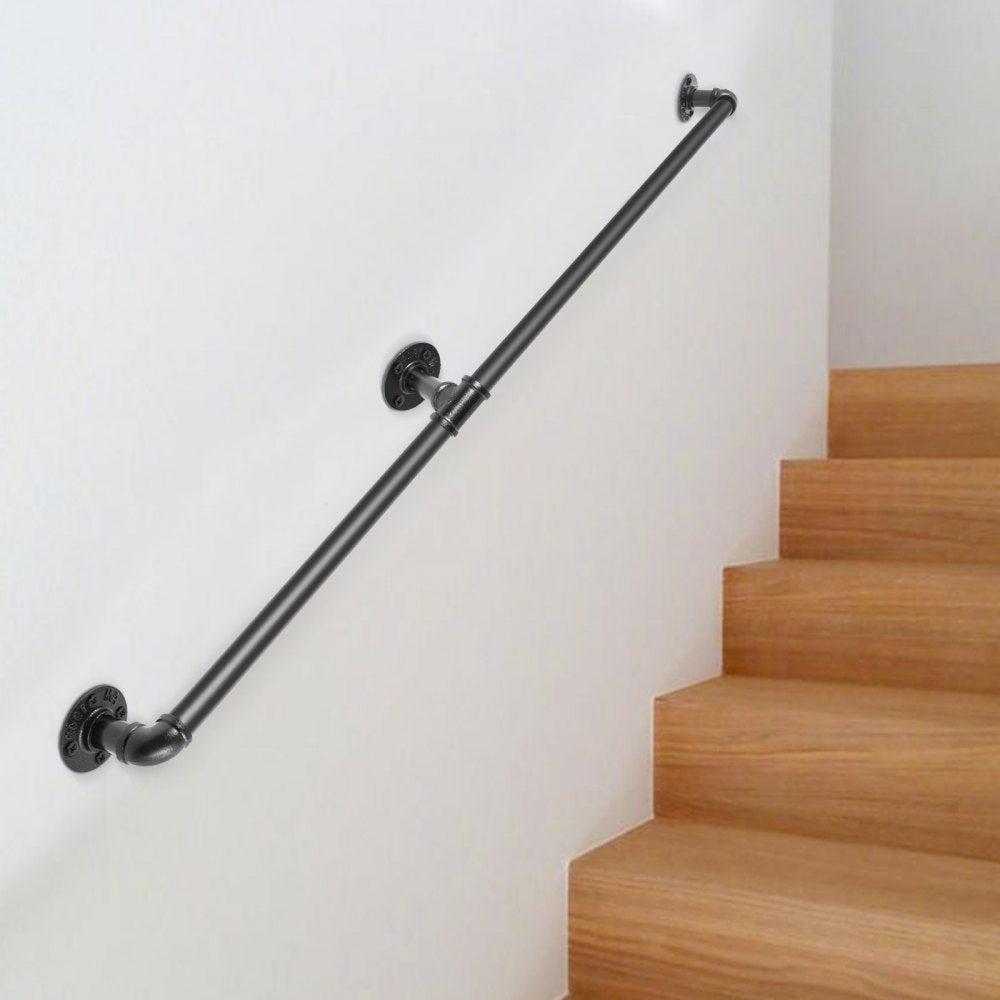 VEVOR Pipe Stair Handrail, 7FT Staircase Handrail, 440LBS Load Capacity Carbon Steel Pipe Handrail, Industrial Pipe Handrail with Wall Mount Support, Round Corner Wall Handrailings for Indoor, Outdoor