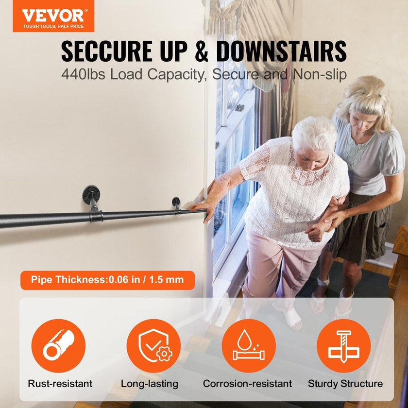 VEVOR Pipe Stair Handrail, 8FT Staircase Handrail, 440LBS Load Capacity Carbon Steel Pipe Handrail, Industrial Pipe Handrail with Wall Mount Support, Round Corner Wall Handrailings for Indoor, Outdoor