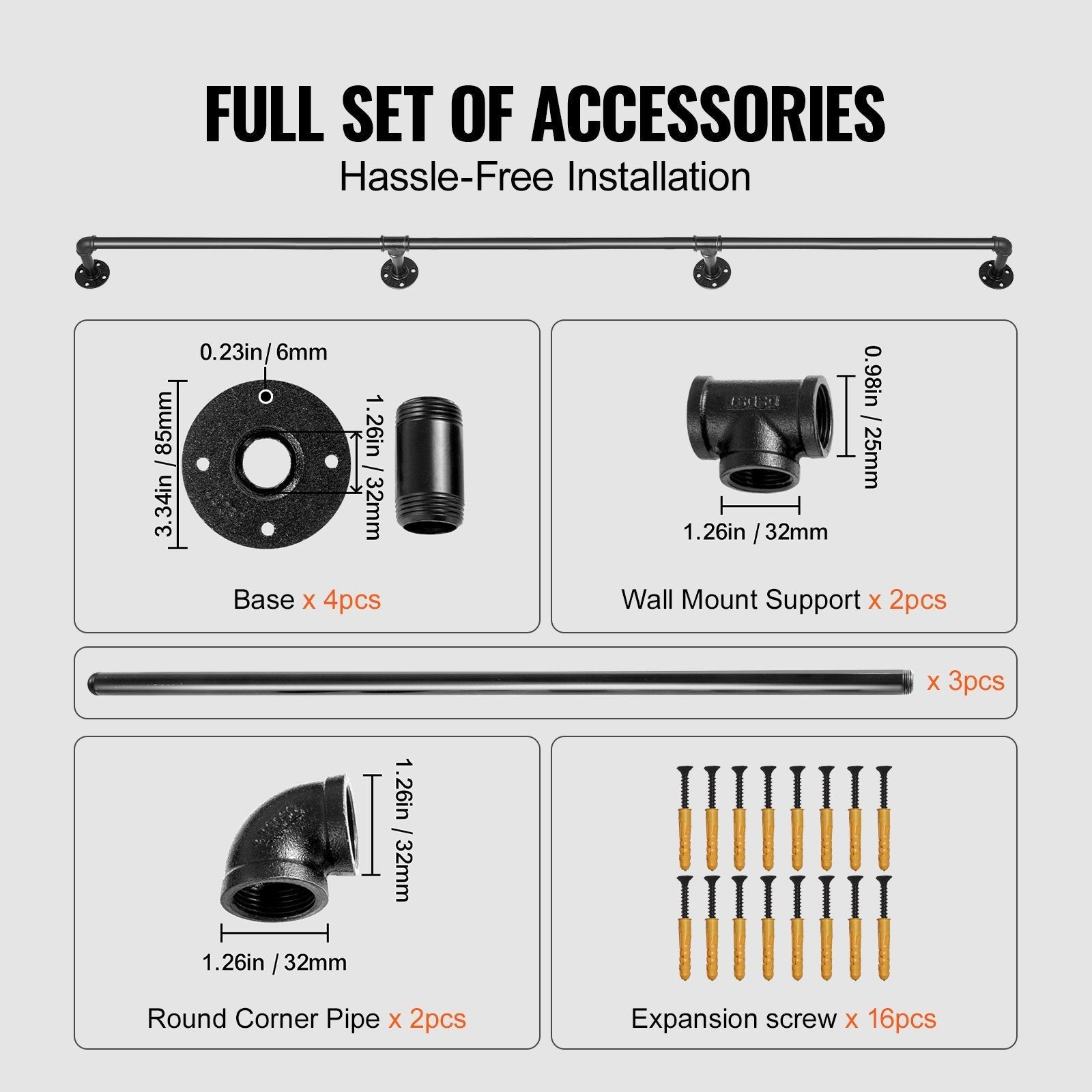 VEVOR Pipe Stair Handrail, 8FT Staircase Handrail, 440LBS Load Capacity Carbon Steel Pipe Handrail, Industrial Pipe Handrail with Wall Mount Support, Round Corner Wall Handrailings for Indoor, Outdoor