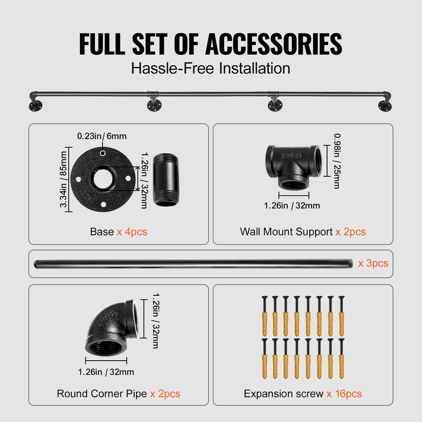 VEVOR Pipe Stair Handrail, 8FT Staircase Handrail, 440LBS Load Capacity Carbon Steel Pipe Handrail, Industrial Pipe Handrail with Wall Mount Support, Round Corner Wall Handrailings for Indoor, Outdoor