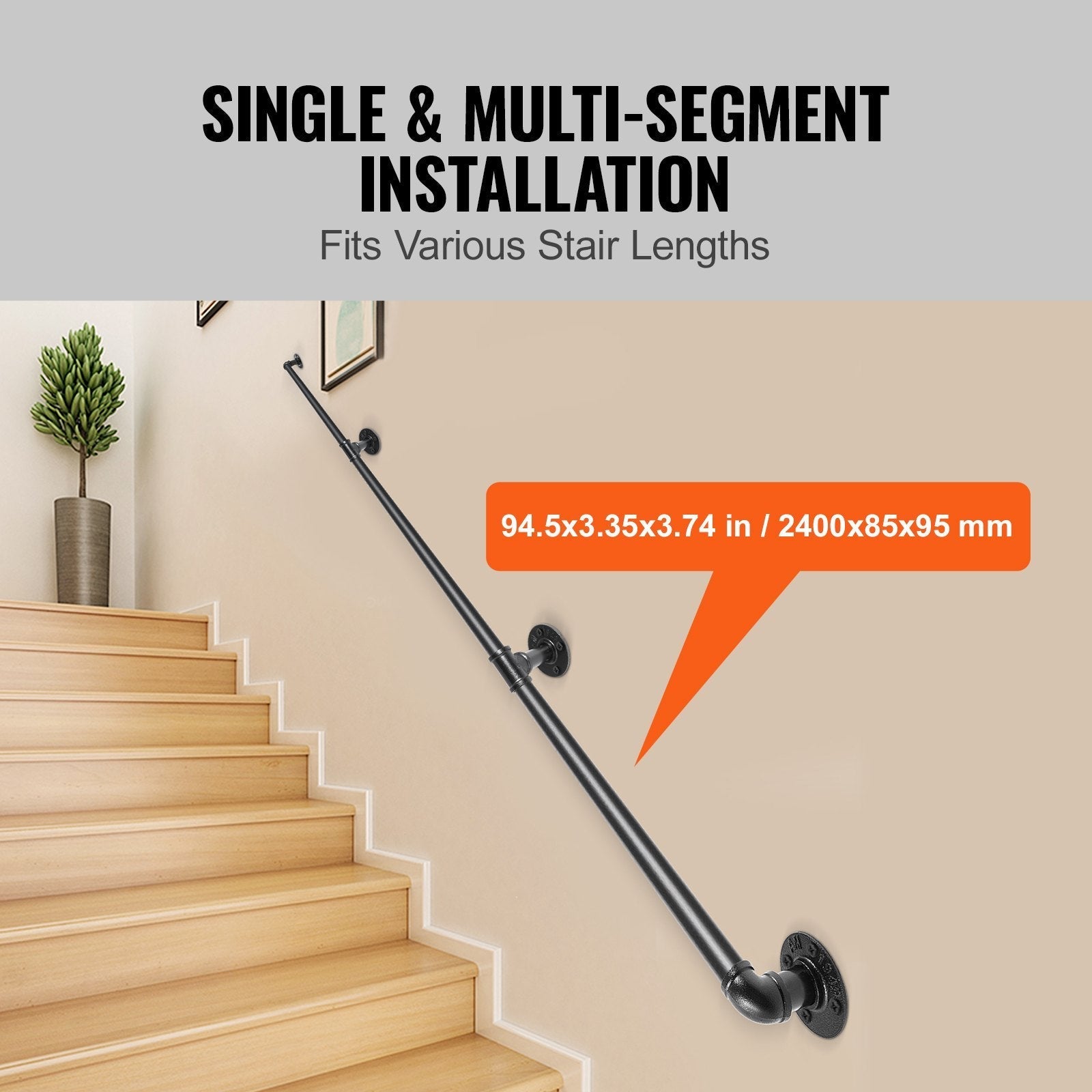 VEVOR Pipe Stair Handrail, 8FT Staircase Handrail, 440LBS Load Capacity Carbon Steel Pipe Handrail, Industrial Pipe Handrail with Wall Mount Support, Round Corner Wall Handrailings for Indoor, Outdoor