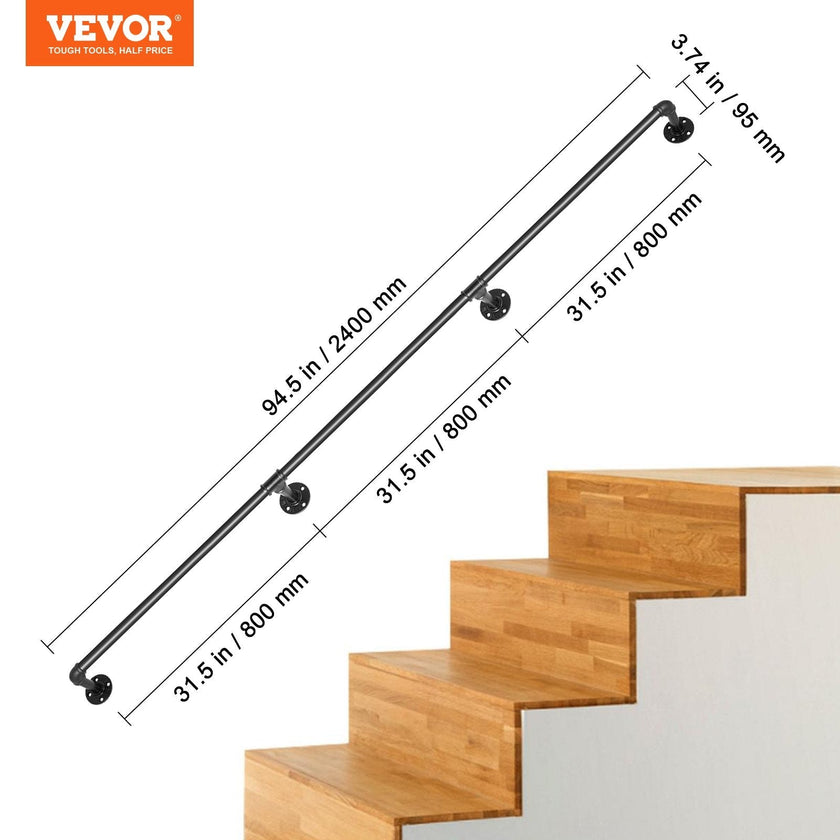 VEVOR Pipe Stair Handrail, 8FT Staircase Handrail, 440LBS Load Capacity Carbon Steel Pipe Handrail, Industrial Pipe Handrail with Wall Mount Support, Round Corner Wall Handrailings for Indoor, Outdoor
