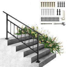 VEVOR Outdoor Stair Railing, Fits for 0-5 Steps Transitional Wrought Iron Handrail, Adjustable Exterior Stair Railing, Handrails for Concrete Steps with Installation Kit, Matte Black Outdoor Handrail