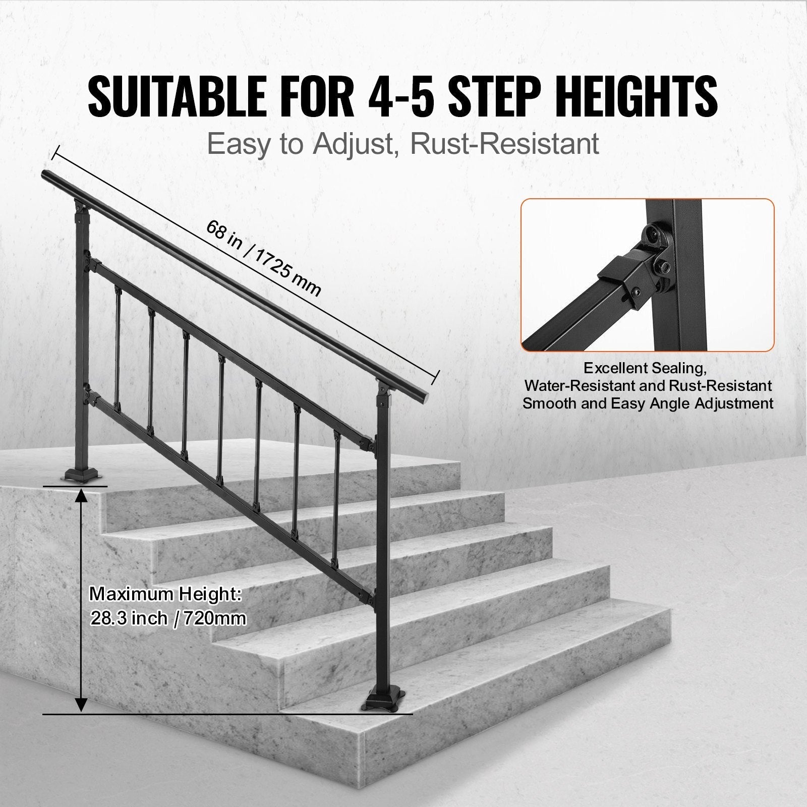 VEVOR Outdoor Stair Railing, Fits for 1-4 Steps Transitional Wrought Iron Handrail, Adjustable Exterior Stair Railing, Handrails for Concrete Steps with Installation Kit, Matte Black Outdoor Handrail