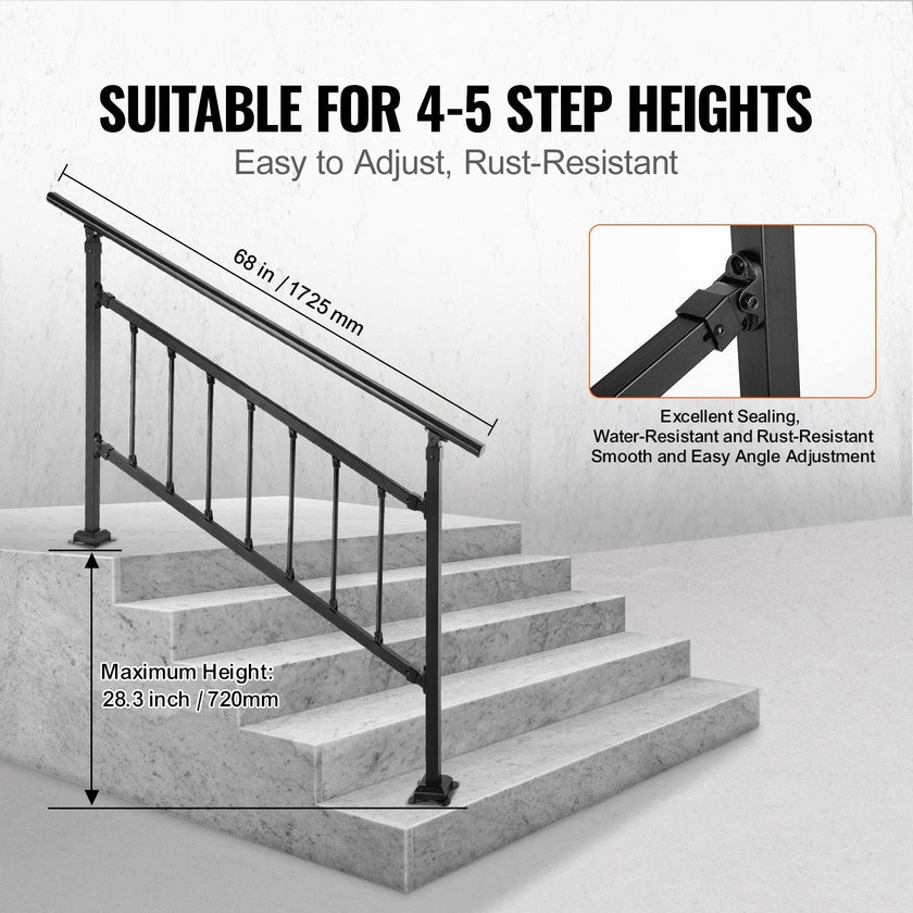 VEVOR Outdoor Stair Railing, Fits for 1-4 Steps Transitional Wrought Iron Handrail, Adjustable Exterior Stair Railing, Handrails for Concrete Steps with Installation Kit, Matte Black Outdoor Handrail