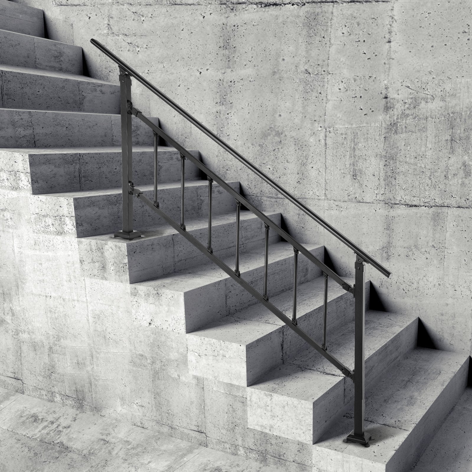 VEVOR Outdoor Stair Railing, Fits for 1-4 Steps Transitional Wrought Iron Handrail, Adjustable Exterior Stair Railing, Handrails for Concrete Steps with Installation Kit, Matte Black Outdoor Handrail