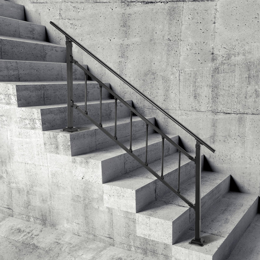 VEVOR Outdoor Stair Railing, Fits for 1-4 Steps Transitional Wrought Iron Handrail, Adjustable Exterior Stair Railing, Handrails for Concrete Steps with Installation Kit, Matte Black Outdoor Handrail