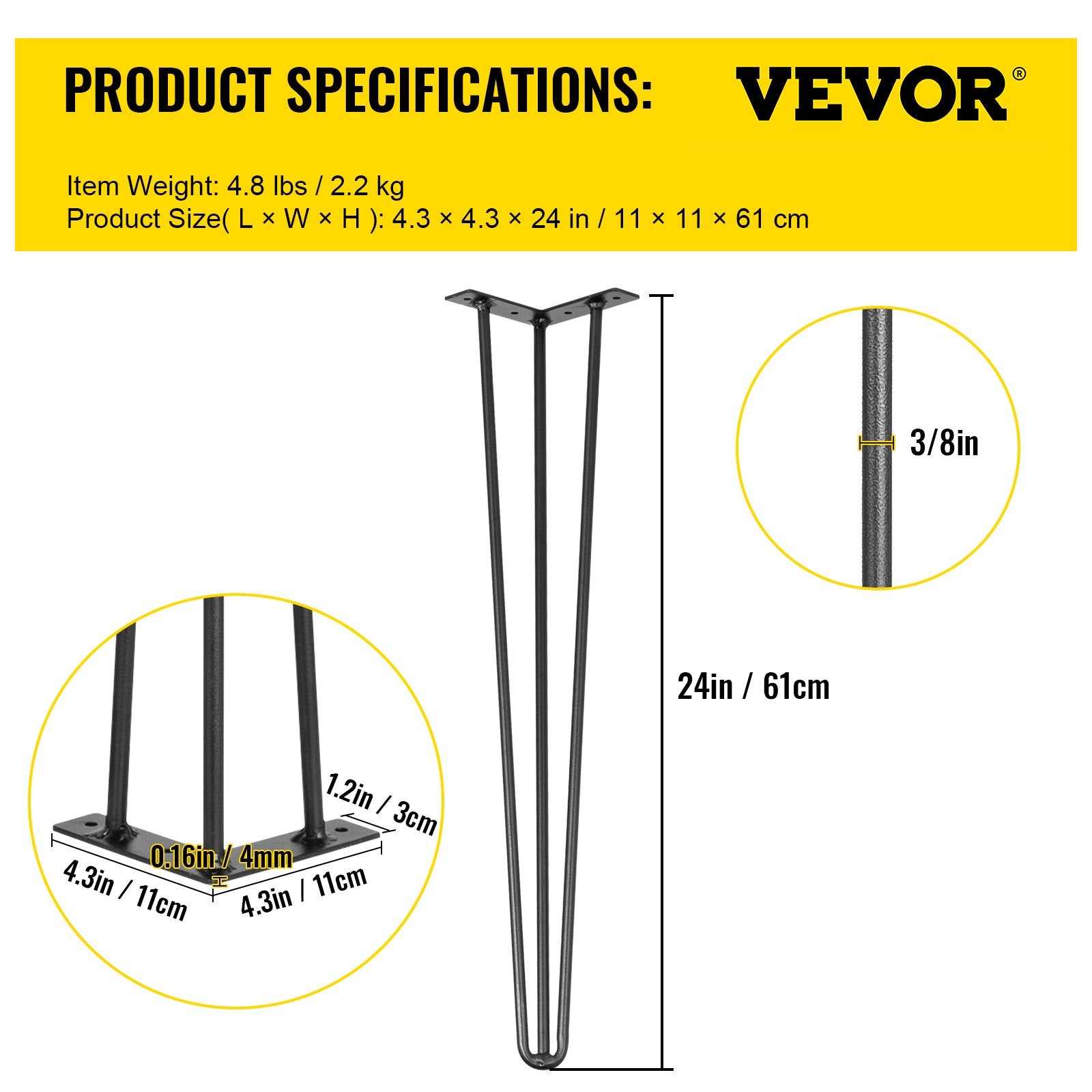 VEVOR Hairpin Table Legs 24 inch, Set of 4 DIY Desk Table Legs 3 Rods Heavy Duty