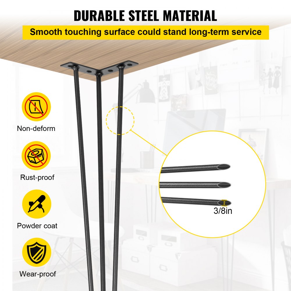 VEVOR Hairpin Table Legs 26 inch, Set of 4 DIY Desk Table Legs 3 Rods Heavy Duty