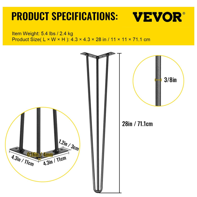 VEVOR Hairpin Table Legs 28 inch, Set of 4 DIY Desk Table Legs 3 Rods Heavy Duty