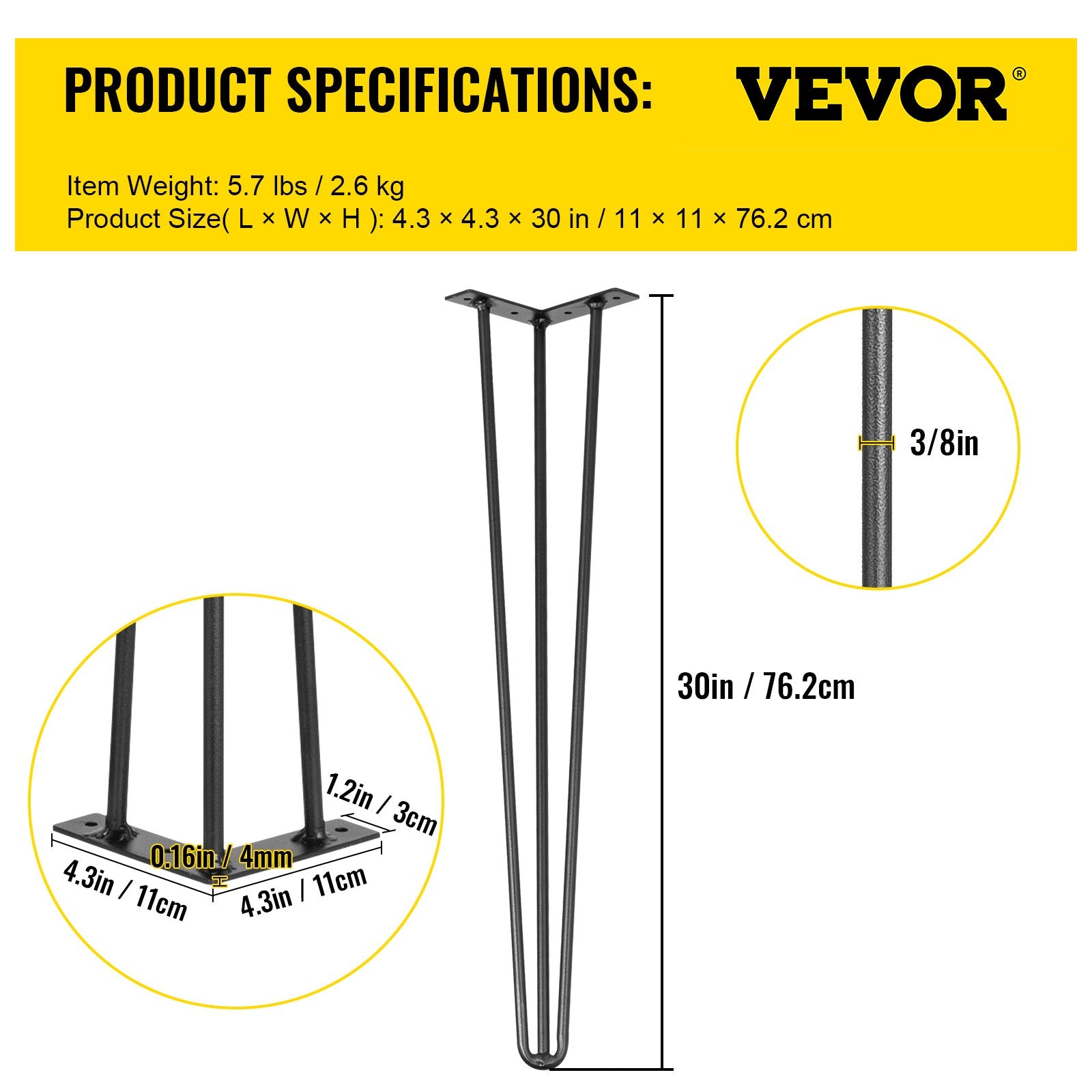 VEVOR Hairpin Table Legs 30 inch, Set of 4 DIY Desk Table Legs 3 Rods Heavy Duty