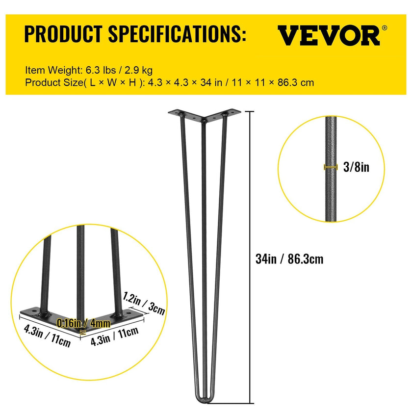 VEVOR Hairpin Table Legs 34 inch, Set of 4 DIY Desk Table Legs 3 Rods Heavy Duty