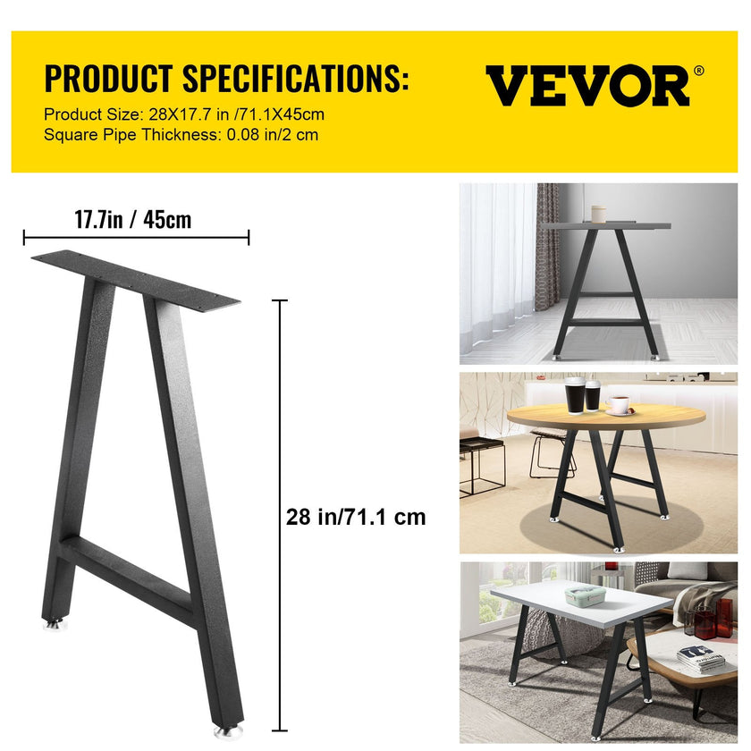 VEVOR Metal Table Legs 28 x 17.7 inch A-Shaped Desk Legs Set of 2 Heavy Duty Bench Legs Rustic Metal Furniture Legs Wrought Iron Coffee Table Legs Home DIY for Dining Table w/ Floor Protectors Black