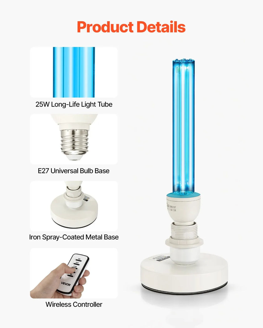 VEVOR UV Light 25W Ultraviolet Lamp with Ozone Purifier UVC Lamp Remote Control