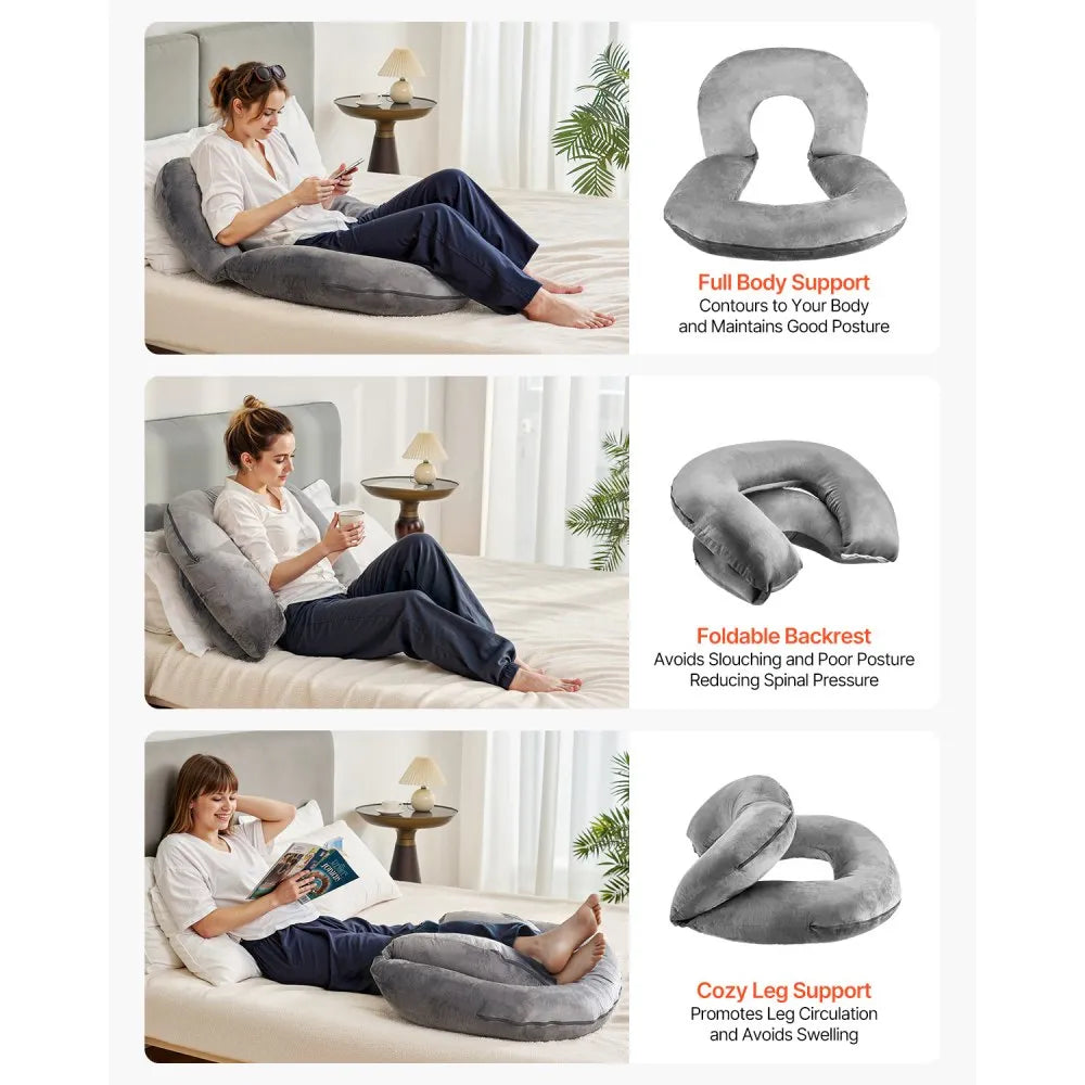 VEVOR Reading Pillow Large Size U-Shaped Sitting up Pillow with Soft Velvet Grey