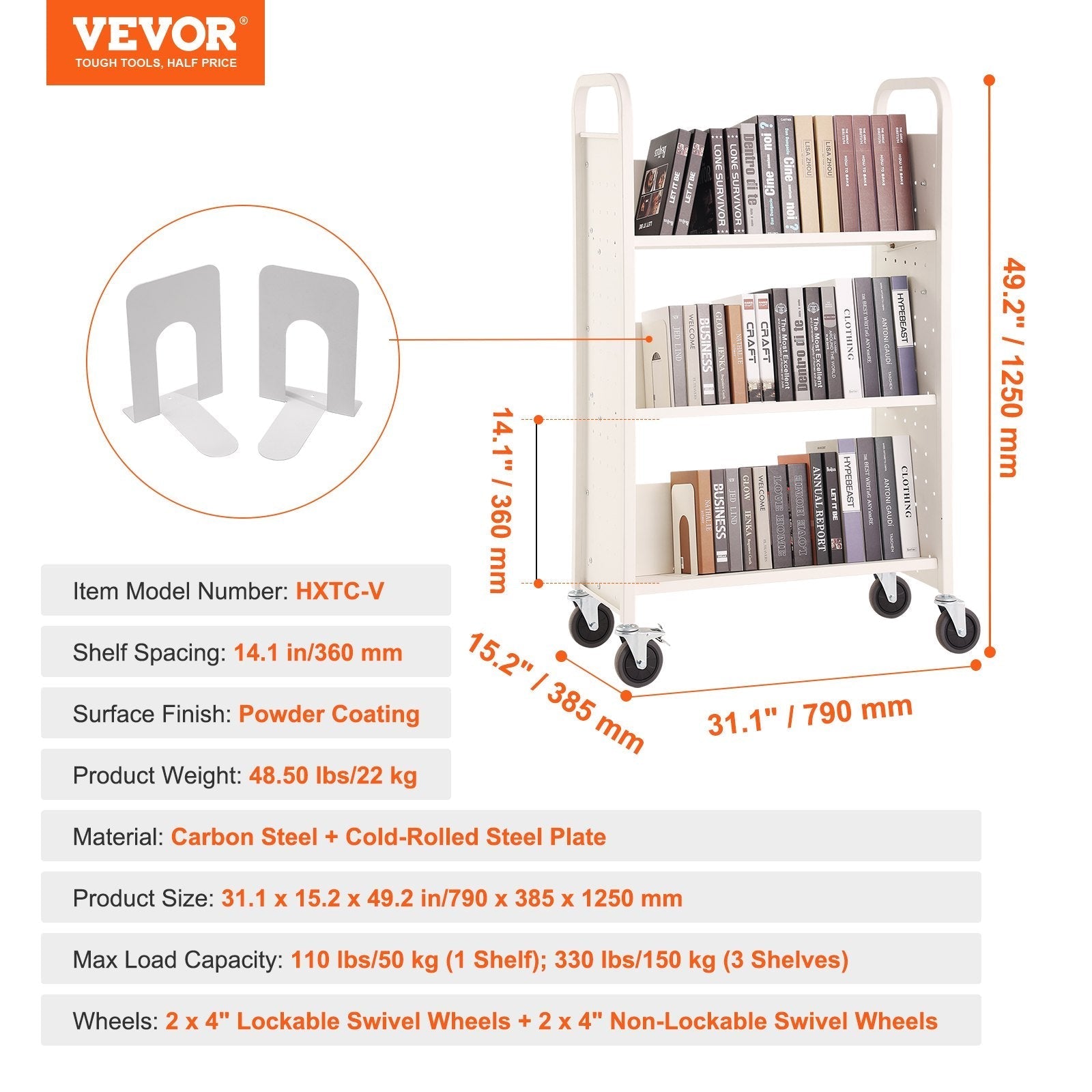 VEVOR Book Cart, 330 lbs Library Cart, 31.1