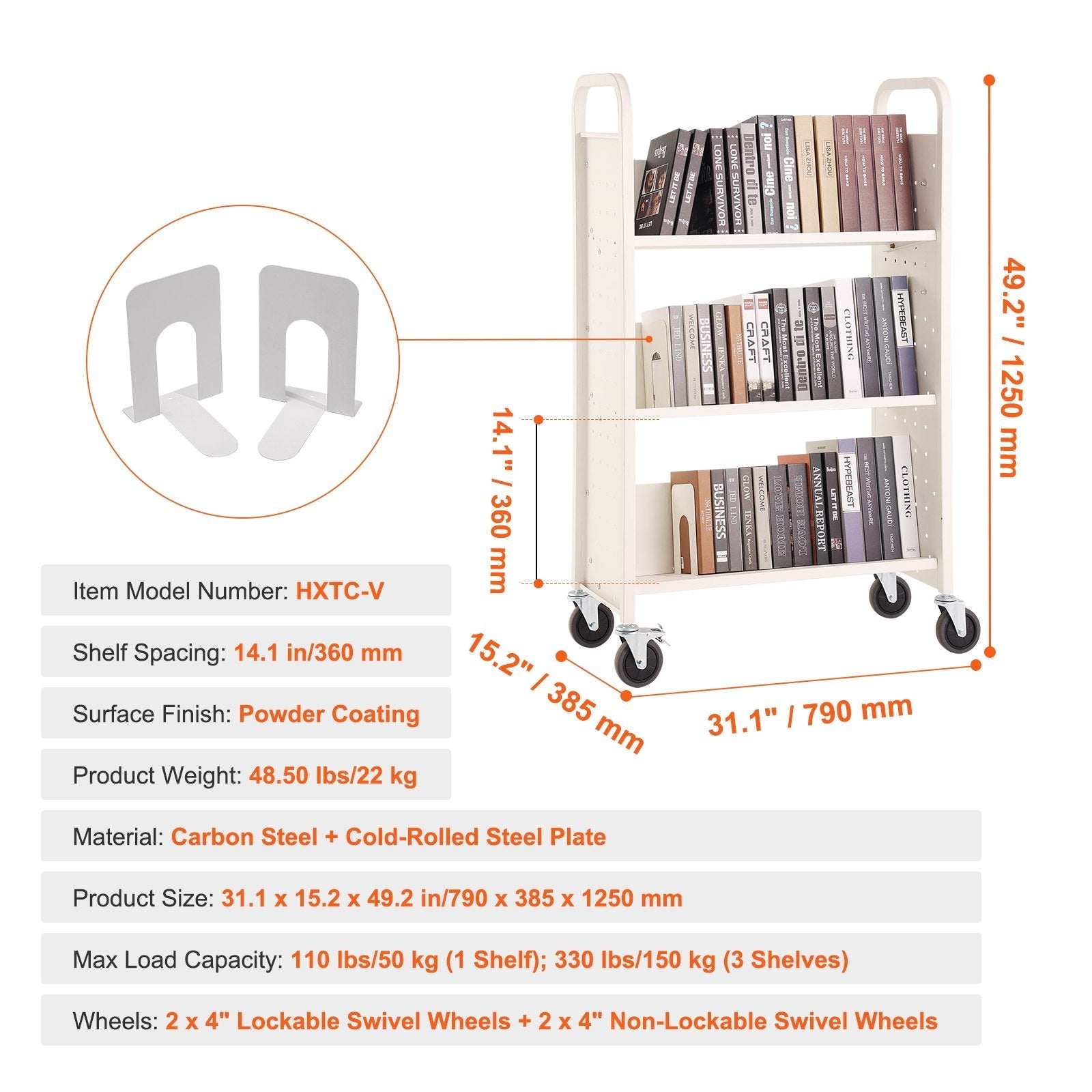 VEVOR Book Cart, 330 lbs Library Cart, 31.1