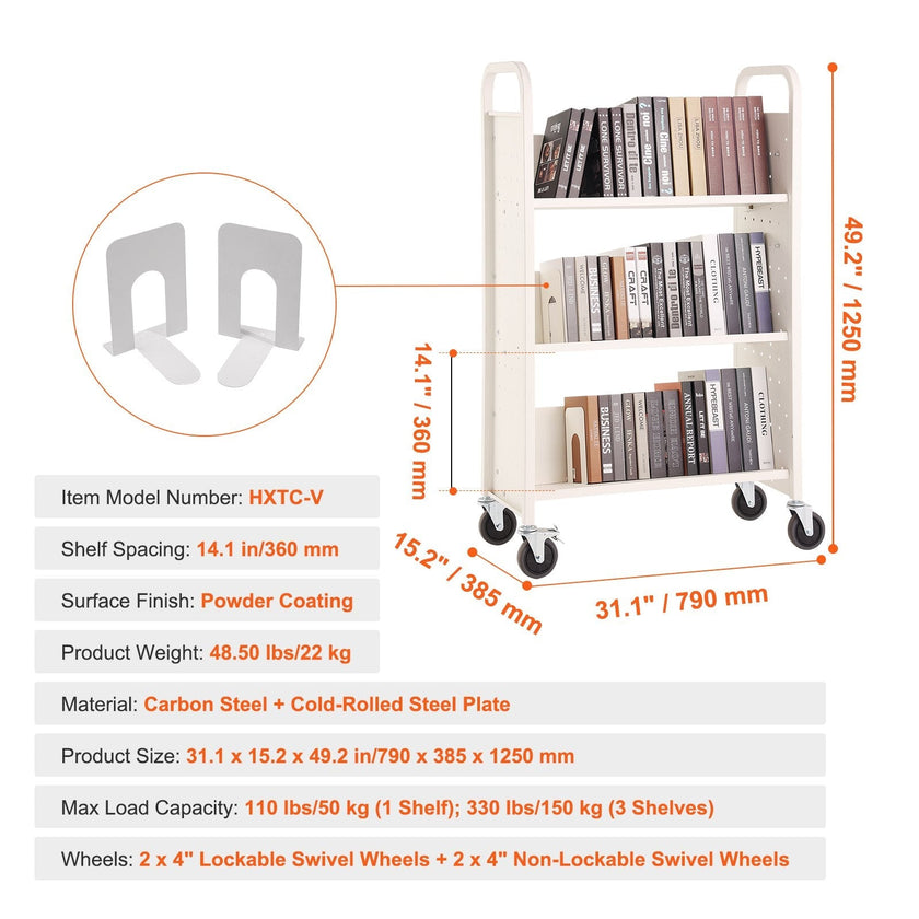 VEVOR Book Cart, 330 lbs Library Cart, 31.1