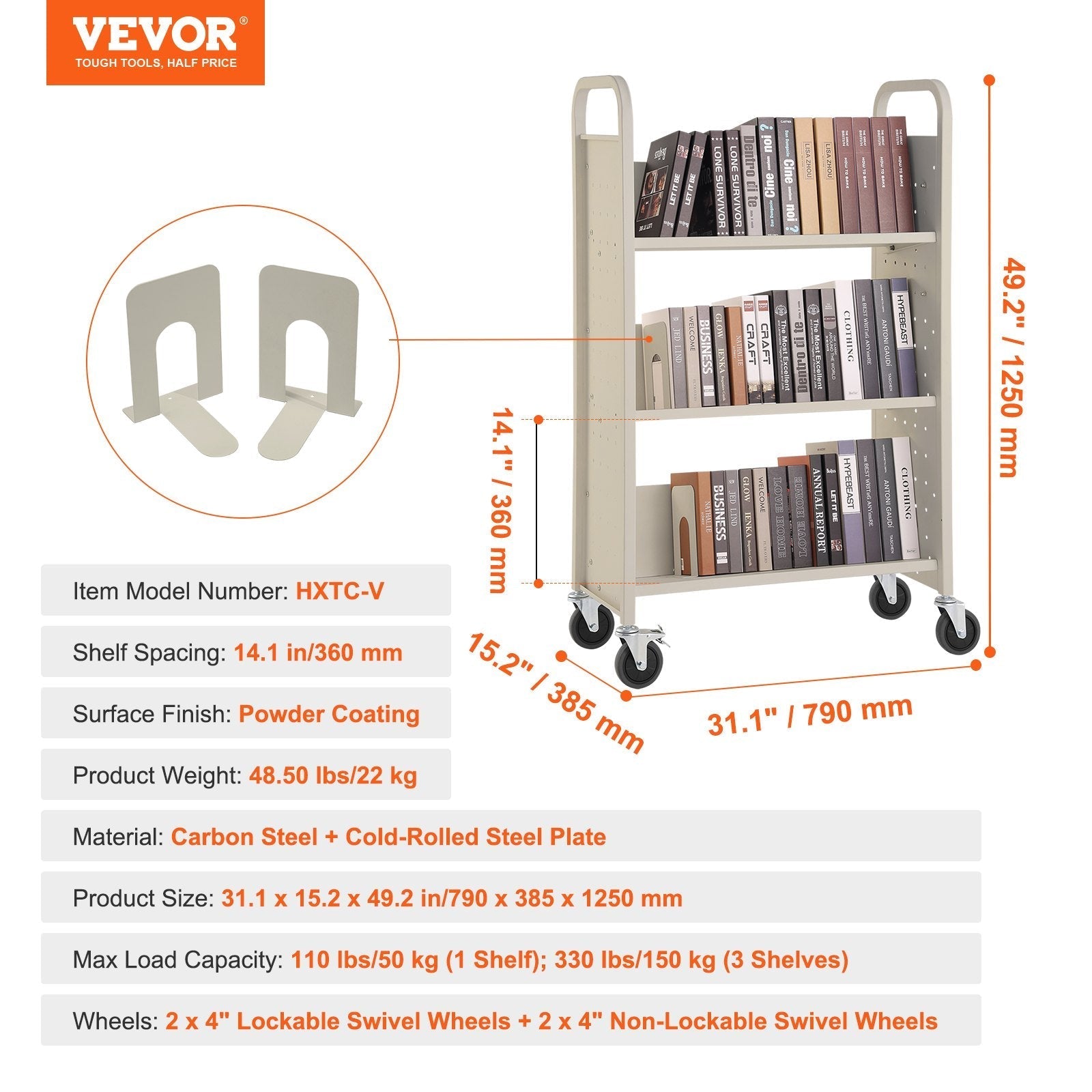VEVOR Book Cart, 330 lbs Library Cart, 31.1