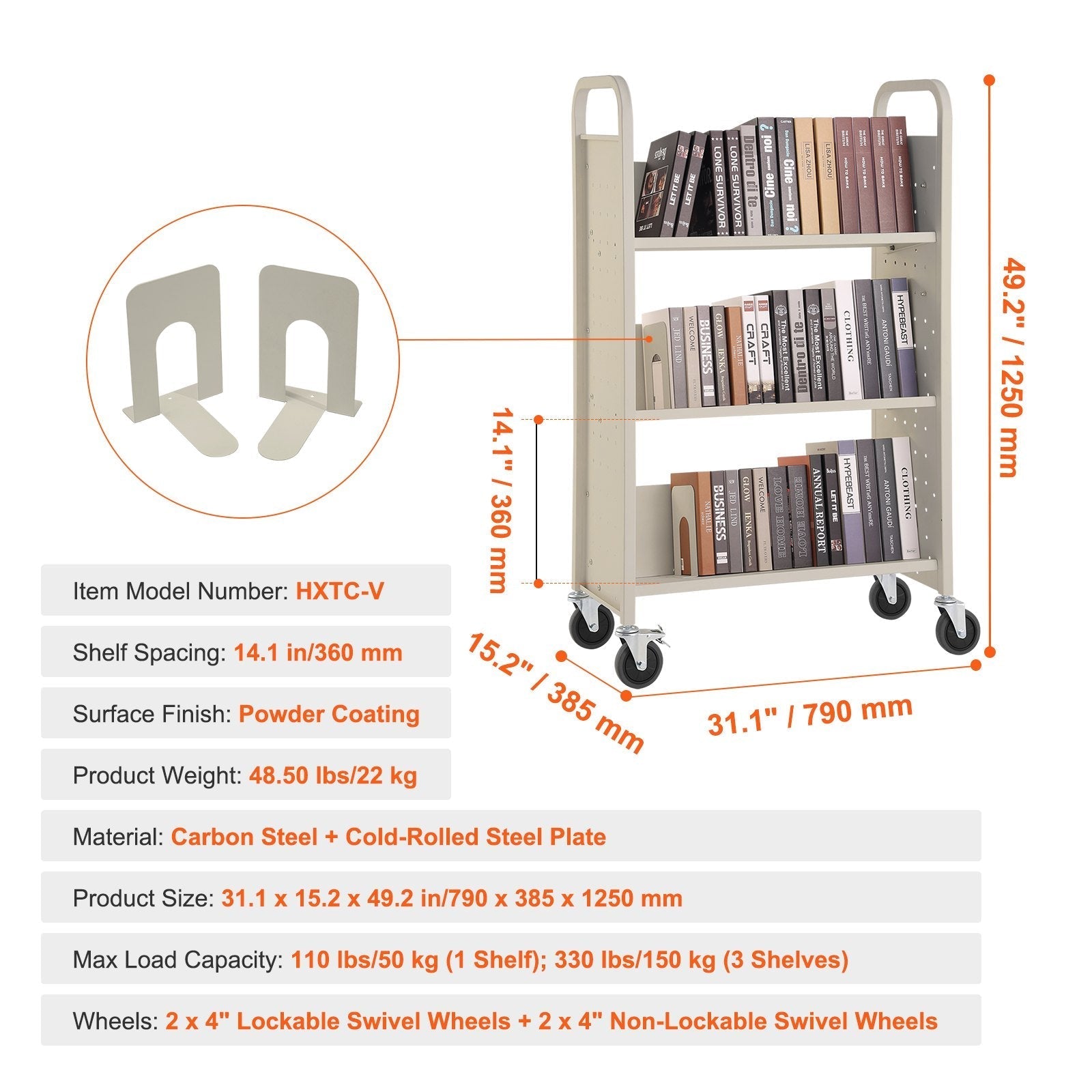 VEVOR Book Cart, 330 lbs Library Cart, 31.1