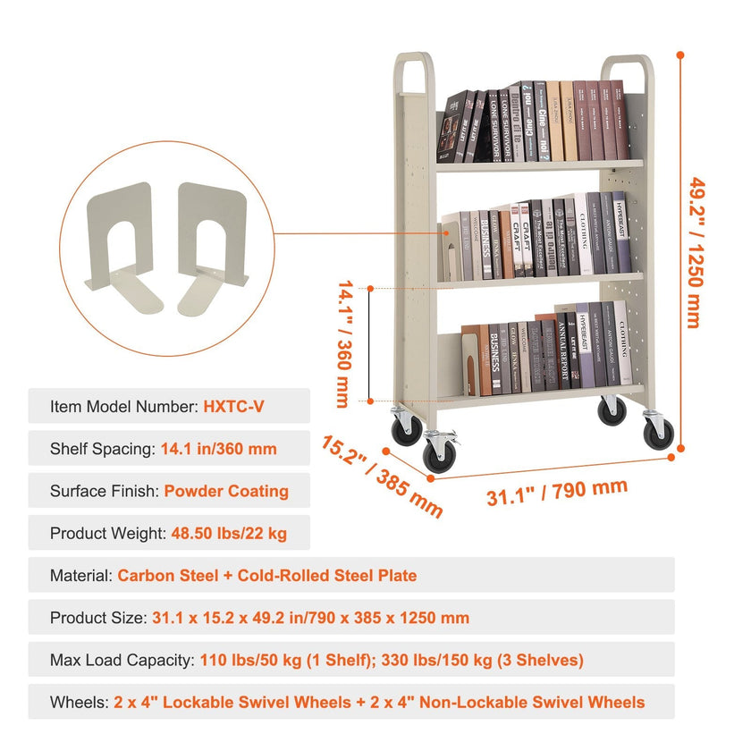 VEVOR Book Cart, 330 lbs Library Cart, 31.1