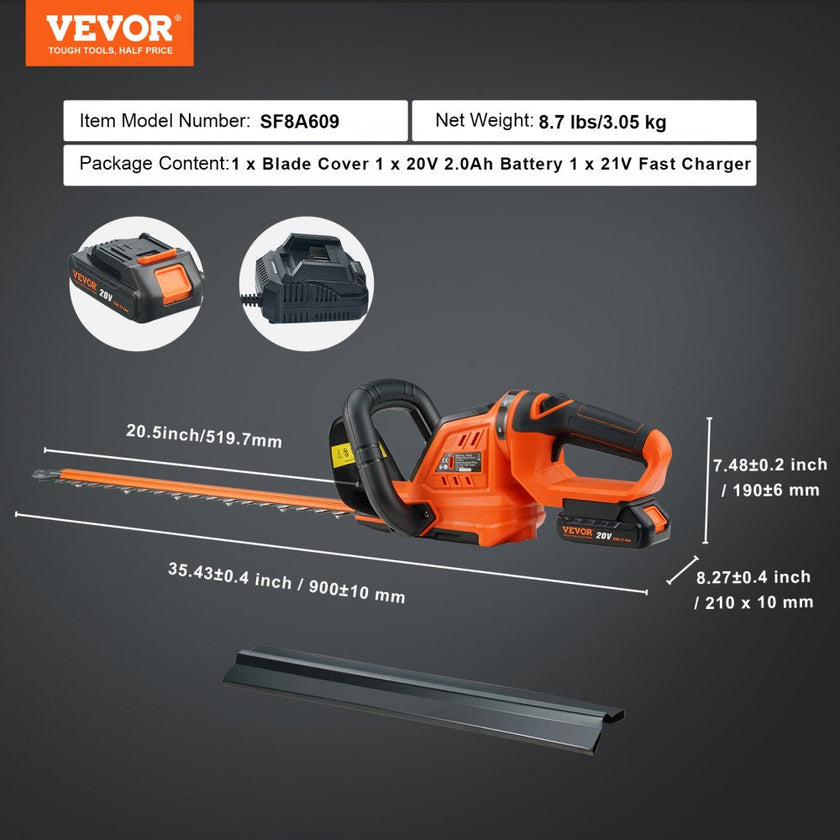 VEVOR 20V Cordless Hedge Trimmer, 18 inch Double-edged Steel Blade, Hedge Trimmer Kit 20V Battery, Fast Charger, and Blade Cover Included, 180° Rotating Head