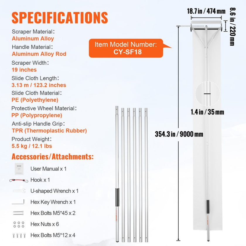 VEVOR Snow Roof Rake, 30ft Reach Aluminium Roof Shovel with Slide Cloth, Premium 19