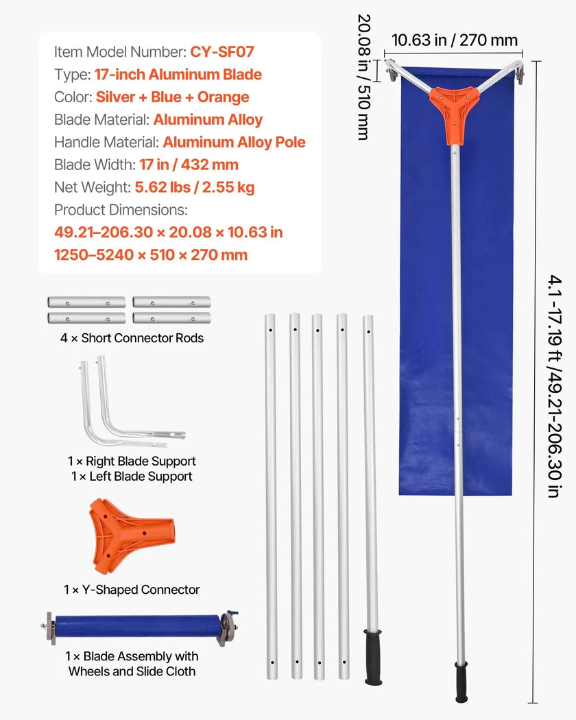 VEVOR Snow Roof Rake, 17 in Aluminum Blade, 4.1-17.2 ft Adjustable Roof Snow Scraper with Wheels & Slide, Lightweight Snows Removal Tool for House Rooftop Leaves Debris Clearing