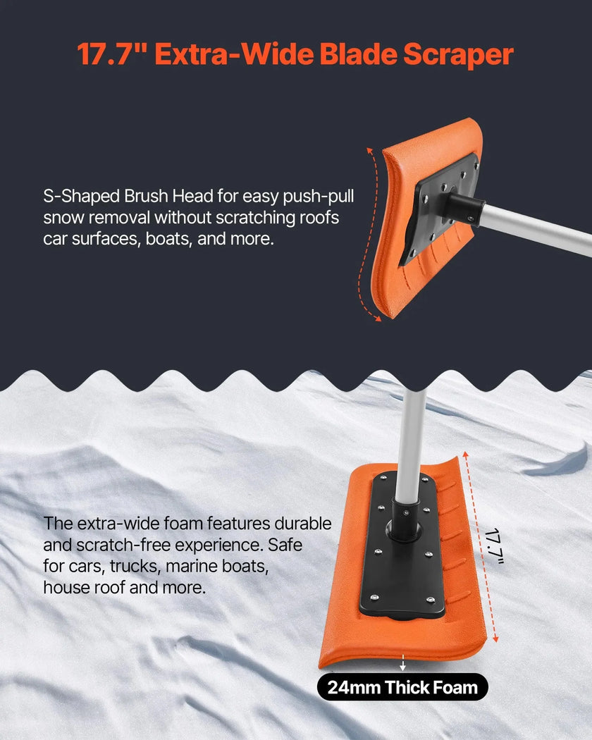 VEVOR Snow Roof Rake, 17.7 in Foam Blade, 7.3-18.4 ft Adjustable Roof Snow Scraper, Extension Tubes & Non-Slip Handle, Lightweight Snows Removal Tool for House Leaves Debris Clearing