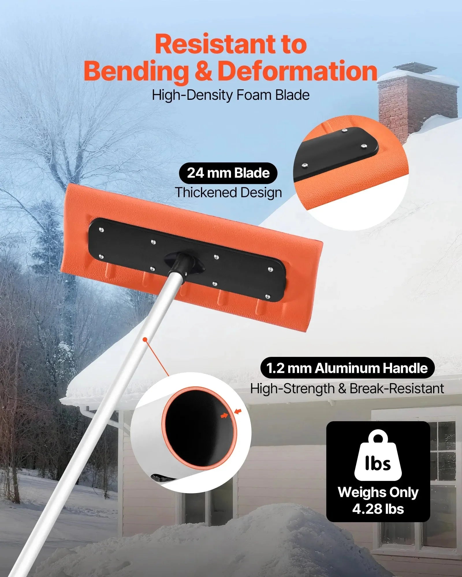 VEVOR Snow Roof Rake, 17.7 in Foam Blade, 7.3-18.4 ft Adjustable Roof Snow Scraper, Extension Tubes & Non-Slip Handle, Lightweight Snows Removal Tool for House Leaves Debris Clearing