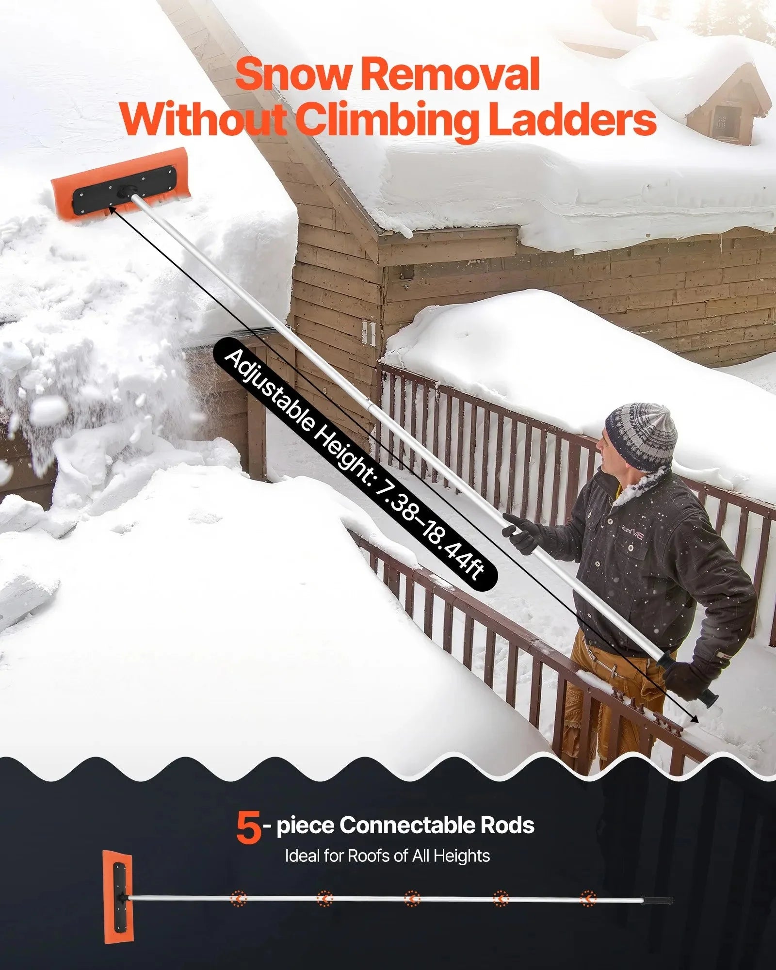 VEVOR Snow Roof Rake, 17.7 in Foam Blade, 7.3-18.4 ft Adjustable Roof Snow Scraper, Extension Tubes & Non-Slip Handle, Lightweight Snows Removal Tool for House Leaves Debris Clearing