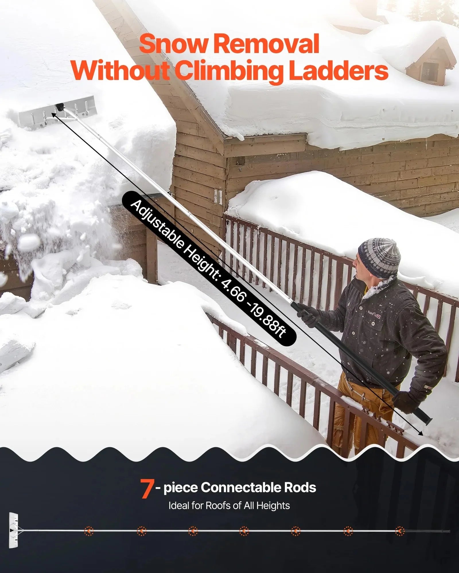 VEVOR Snow Roof Rake, 26 in Aluminum Blade, 7.5-20 ft Adjustable Roof Snow Scraper with Wheels, Anti-Slip Handle Snows Removal Tool, Lightweight House Rooftop Rake for Leaves Debris Removal