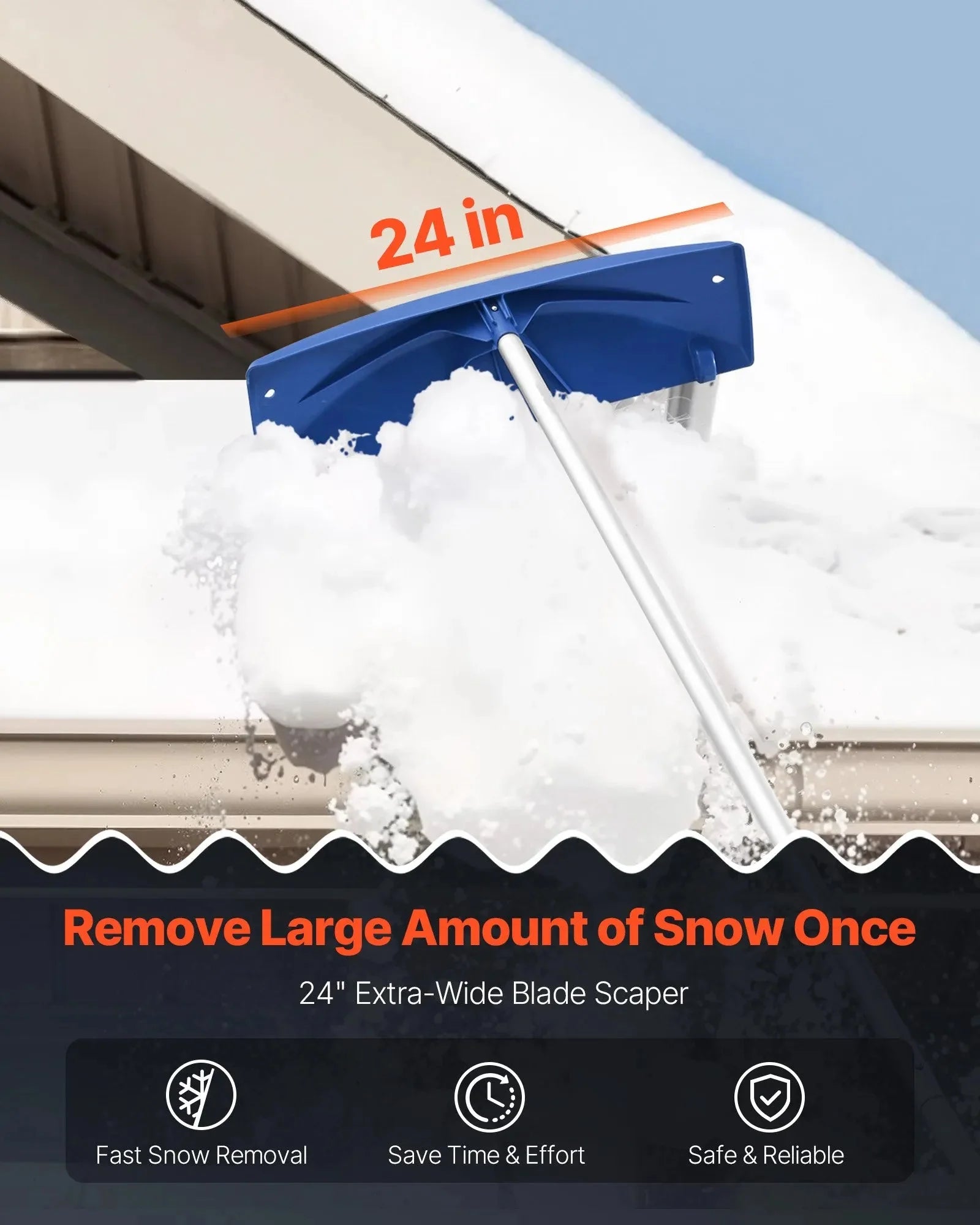 VEVOR Snow Roof Rake, 24 in PP Plastic Blade, 3.8-18.2 ft Adjustable Roof Snow Scraper with Wheels, Anti-Slip Handle Snows Removal Tool, Lightweight House Rooftop Rake for Leaves Debris Removal