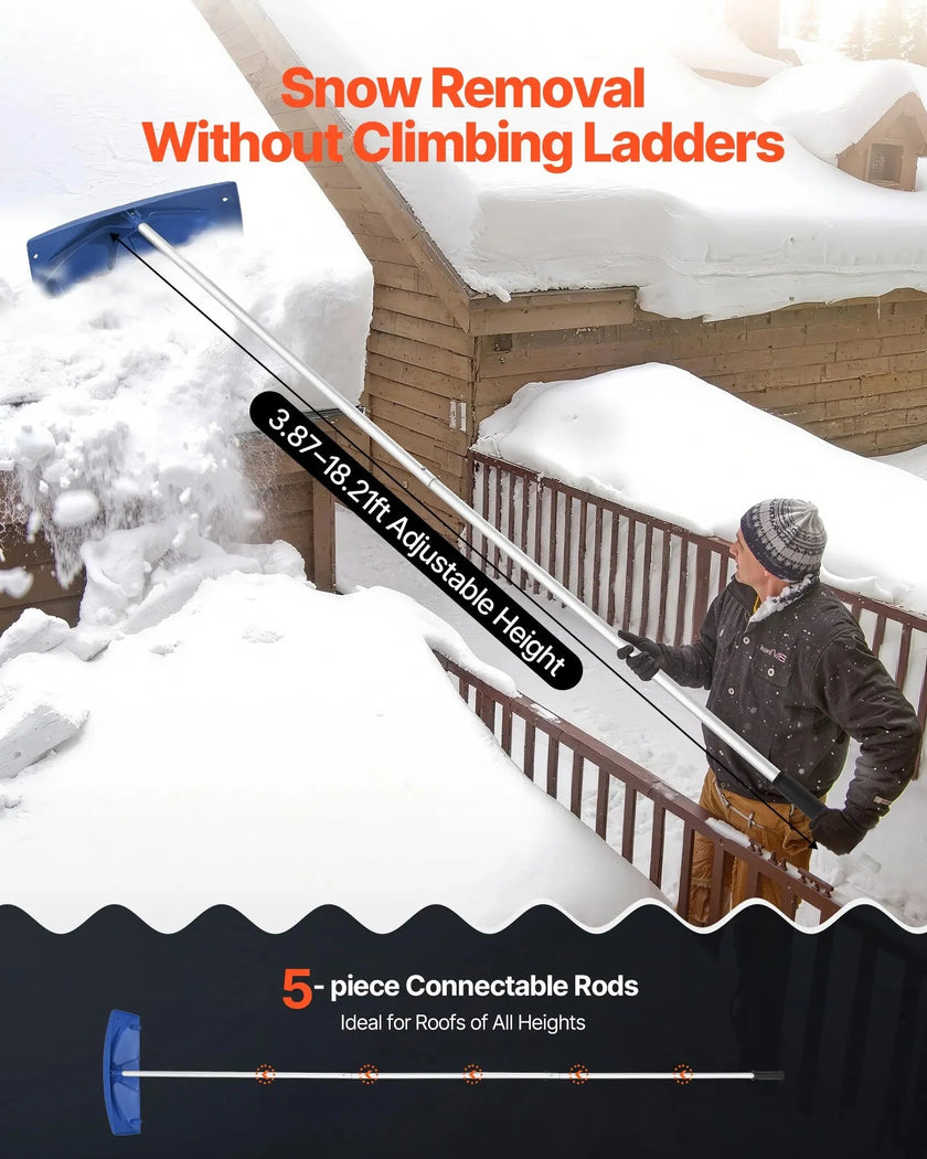 VEVOR Snow Roof Rake, 24 in PP Plastic Blade, 3.8-18.2 ft Adjustable Roof Snow Scraper with Wheels, Anti-Slip Handle Snows Removal Tool, Lightweight House Rooftop Rake for Leaves Debris Removal