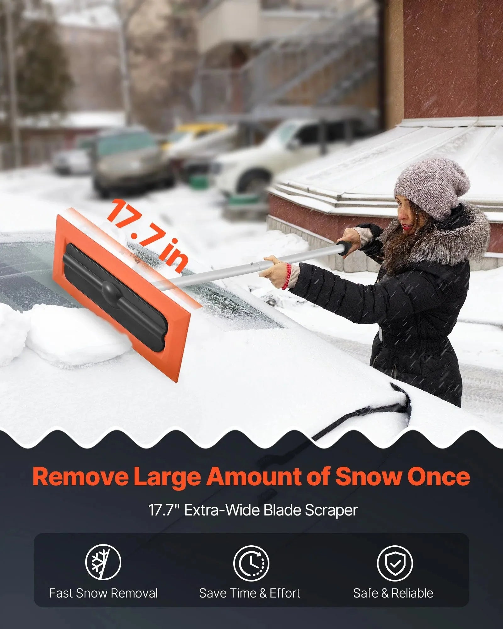 VEVOR Snow Roof Rake, 4ft Long Reach Car Roof Snow Scraper, 17.7 in Foam Blade for No Scratches, Non-Slip Handle, Lightweight Snows Removal Tool for Vehicle Garage Rooftop Leaves Debris Clearing