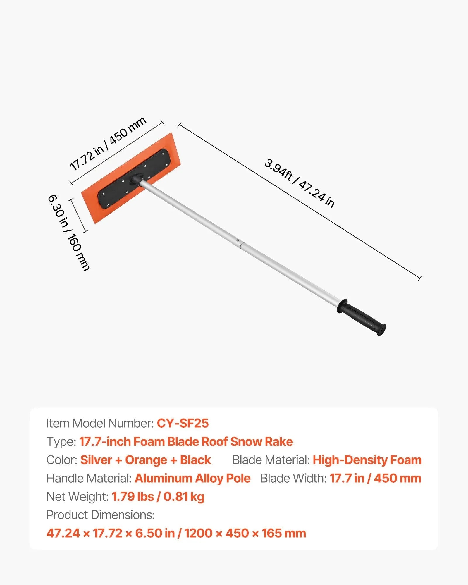 VEVOR Snow Roof Rake, 4ft Long Reach Car Roof Snow Scraper, 17.7 in Foam Blade for No Scratches, Non-Slip Handle, Lightweight Snows Removal Tool for Vehicle Garage Rooftop Leaves Debris Clearing