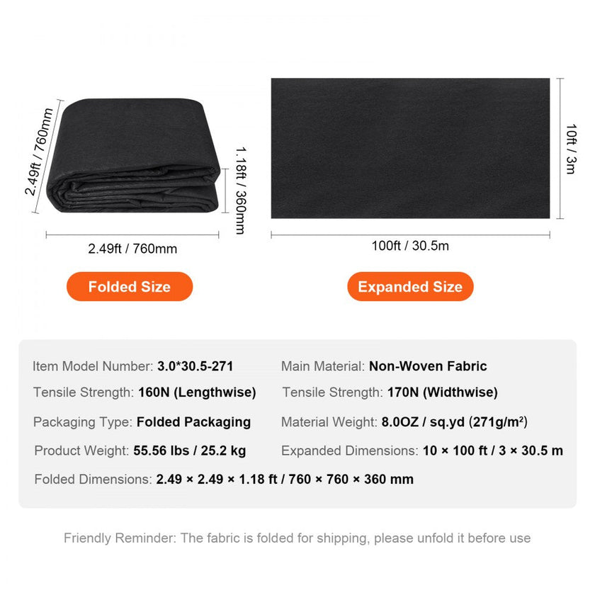 VEVOR Non Woven Geotextile Fabric Under Gravel, 10x100FT 8OZ Driveway Fabric Landscape Fabric, Heavy Duty Weed Barrier Fabric, Ground Cover Weed Control Fabric, French Drains Drainage Fabric, Black