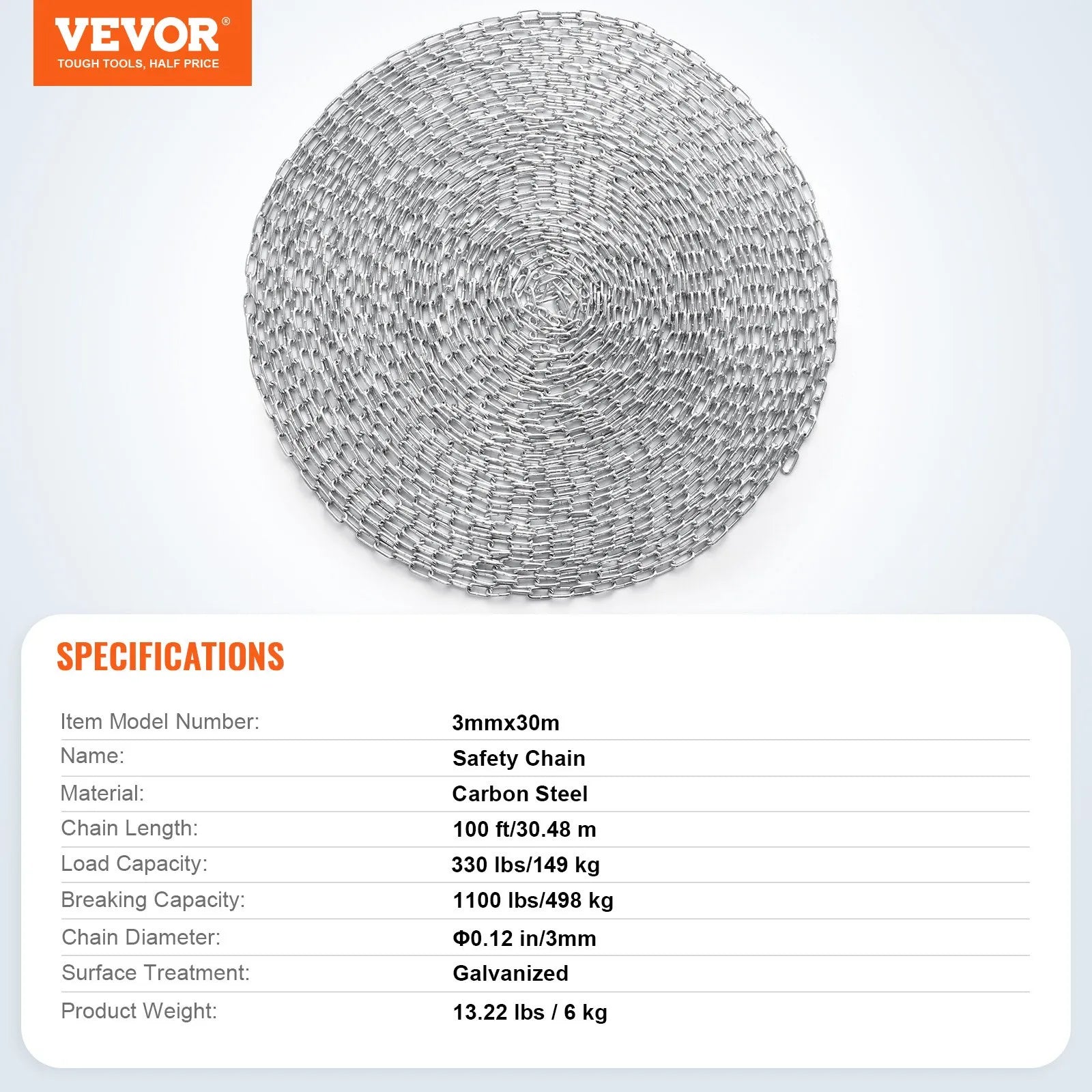 VEVOR Zinc Plated Proof Coil Chain Carbon Steel Chain Sling 1/8