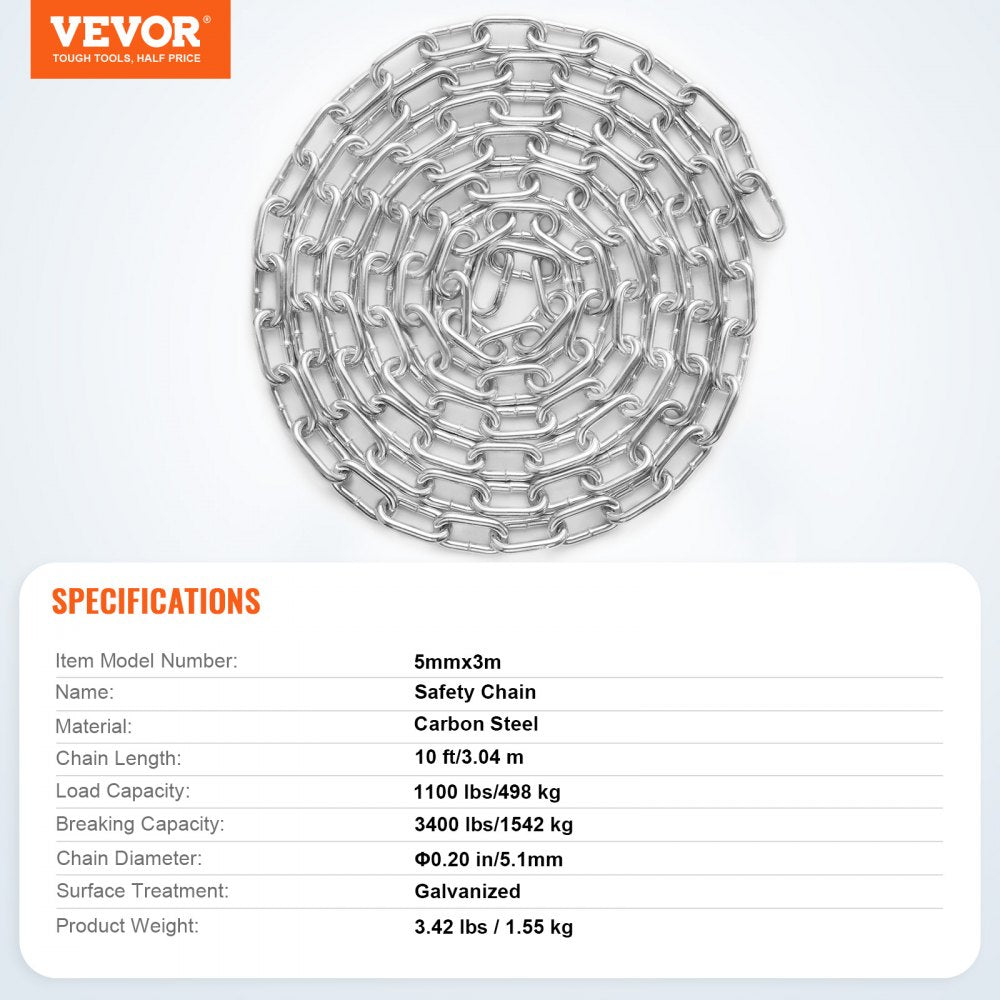 VEVOR Zinc Plated Proof Coil Chain Carbon Steel Chain Sling 3/16