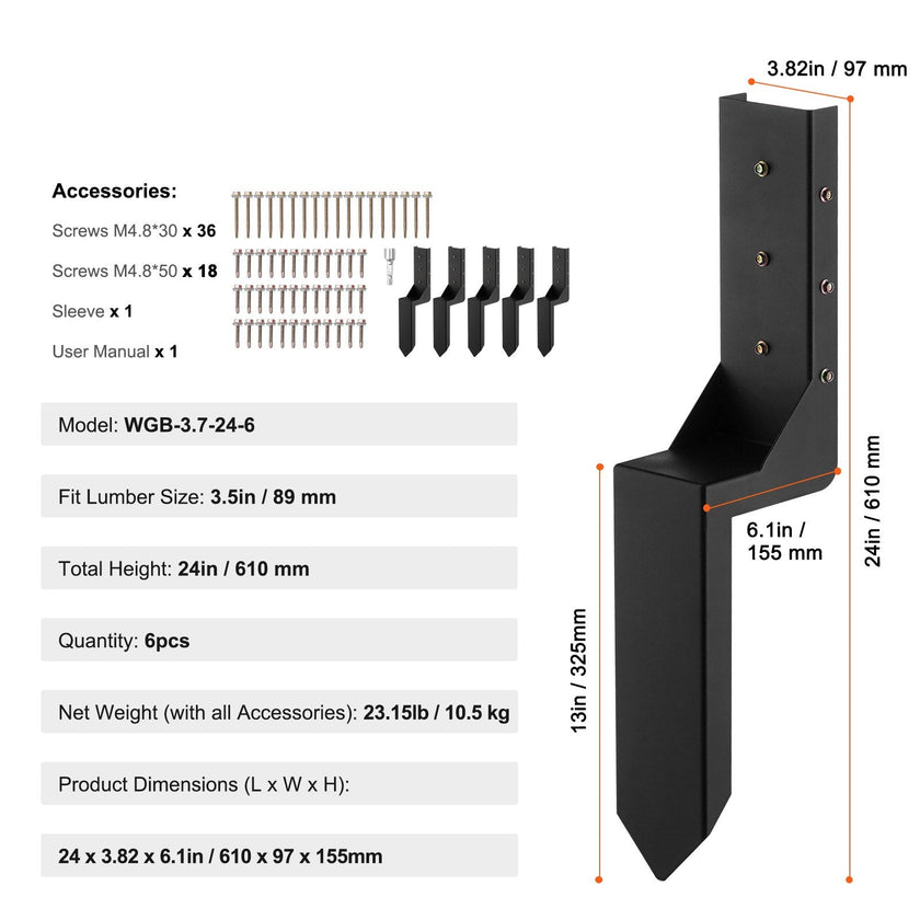 VEVOR Fence Post Anchor Repair Kit, 6 Pack Inner Diameter 3.5 x3.5 Inches Heavy Duty Steel Fence Post Support Stakes, Anchor Ground Spike for Repair Tilted, Broken Wood Fence Post, Enveloping
