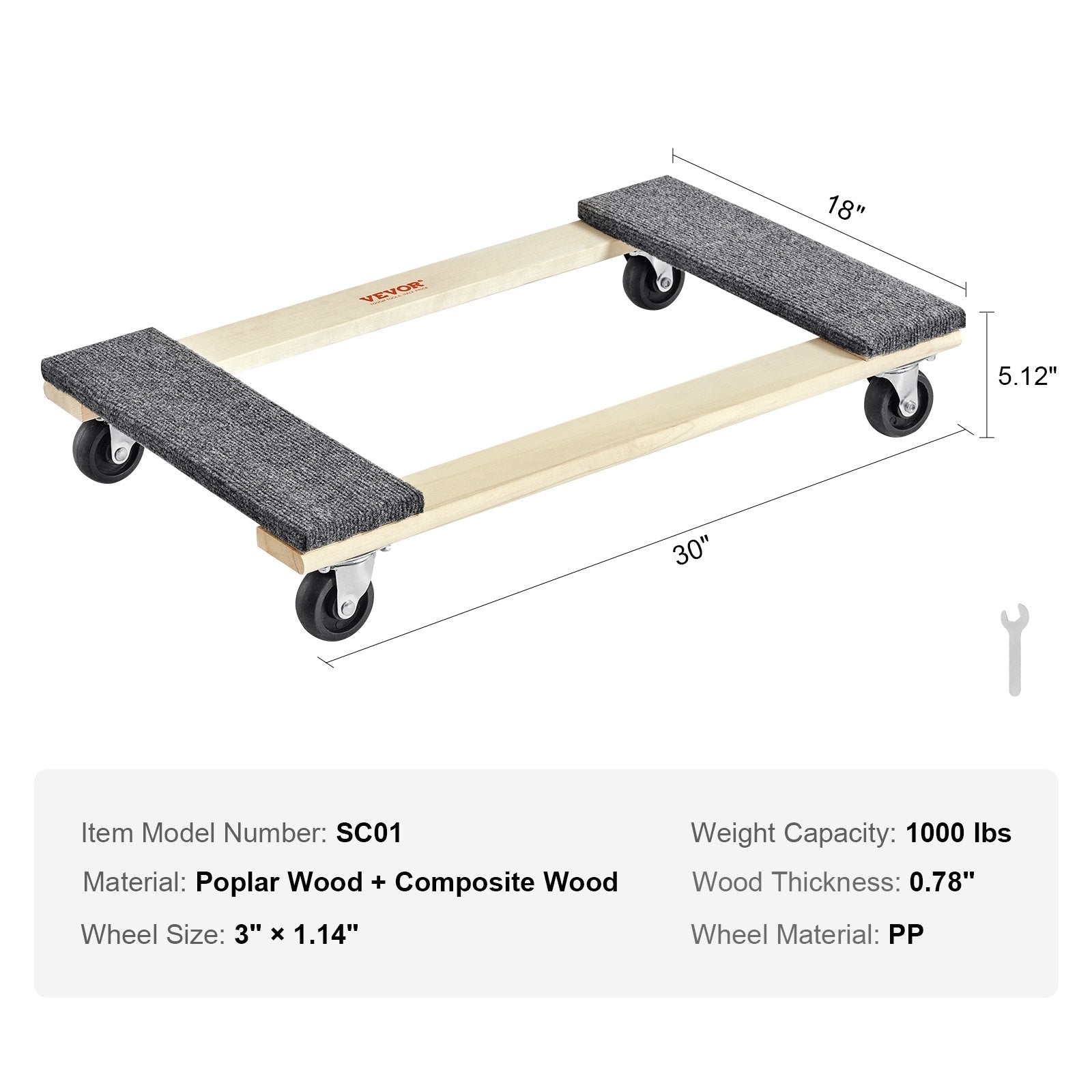 VEVOR Furniture Dolly, 1000 lbs Load Capacity, 18