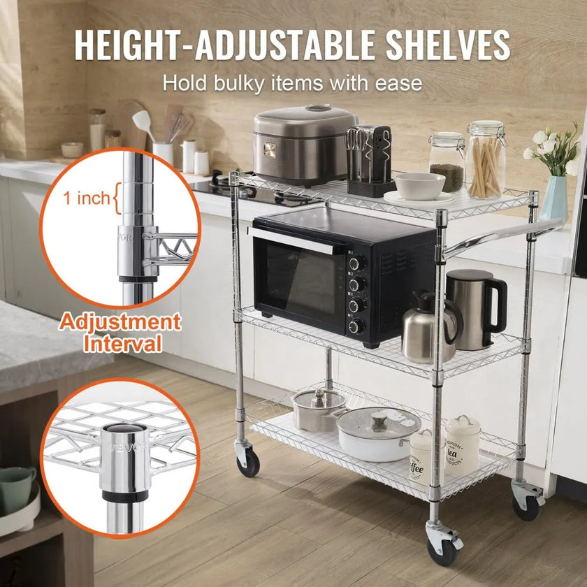 VEVOR Kitchen Utility Cart, 3 Tiers, Wire Rolling Cart with 661LBS Capacity, Steel Service Cart on Wheels, Metal Storage Trolley with 80mm Basket Curved Handle PP Liner 6 Hooks, for Indoor and Outdoor
