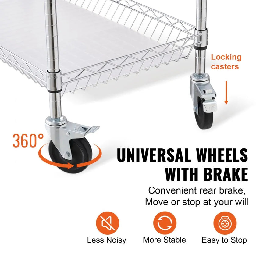 VEVOR Kitchen Utility Cart, 3 Tiers, Wire Rolling Cart with 661LBS Capacity, Steel Service Cart on Wheels, Metal Storage Trolley with 80mm Basket Curved Handle PP Liner 6 Hooks, for Indoor and Outdoor