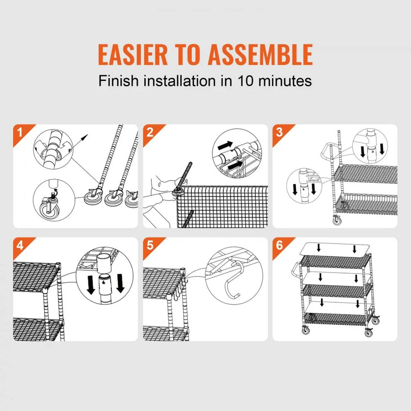 VEVOR Kitchen Utility Cart, 3 Tiers, Wire Rolling Cart with 661LBS Capacity, Steel Service Cart on Wheels, Metal Storage Trolley with 80mm Basket Curved Handle PP Liner 6 Hooks, for Indoor and Outdoor