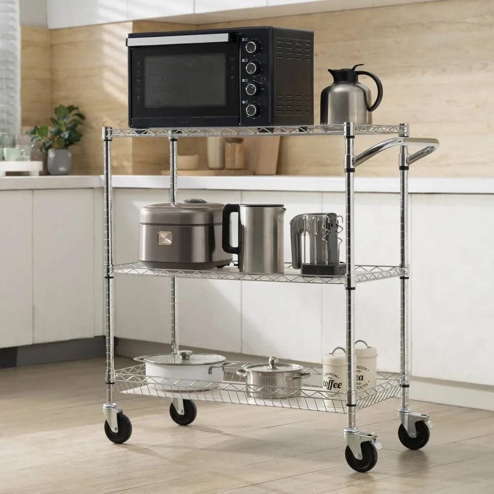 VEVOR Kitchen Utility Cart, 3 Tiers, Wire Rolling Cart with 661LBS Capacity, Steel Service Cart on Wheels, Metal Storage Trolley with 80mm Basket Curved Handle PP Liner 6 Hooks, for Indoor and Outdoor